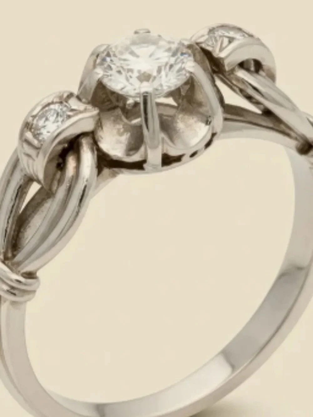 Platinum Art Deco 3-Stone Love Knot Bridal Wedding Registry Engagement Ring